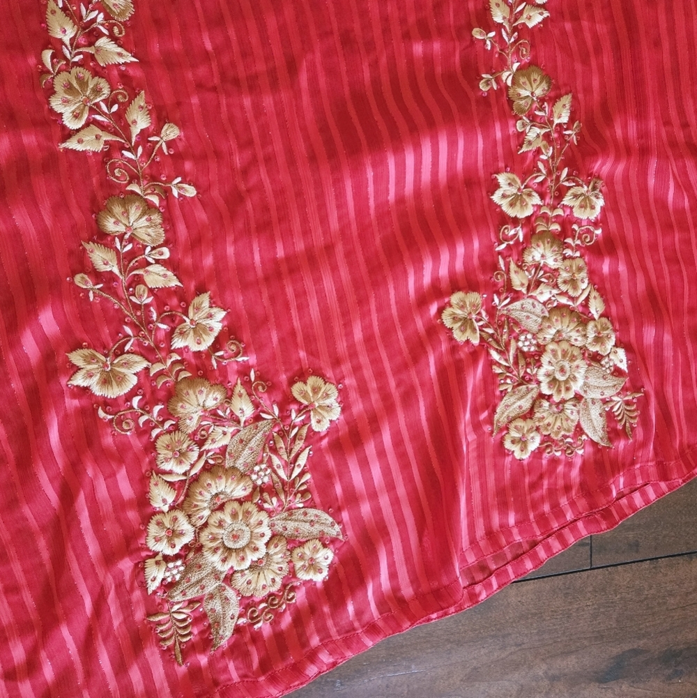 Embroidered Salwar Kameez Dupatta Long Scarf Red Gold Chiffon Party Wear Dress - Picture 9 of 16